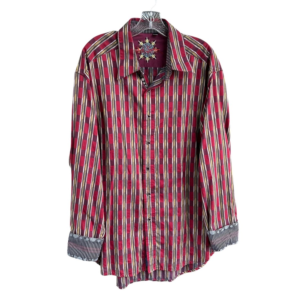 Robert Graham Mens 2XL Plaid Button Down Shirt Red Striped Silk Trim Flip Cuffs